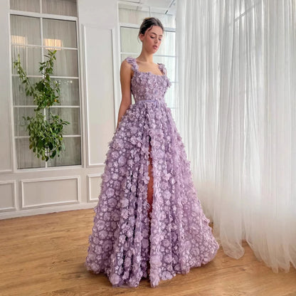 Luxury Lilac 3D Floral Embroidered Split Evening Dress LA72959 - SERENE HILL