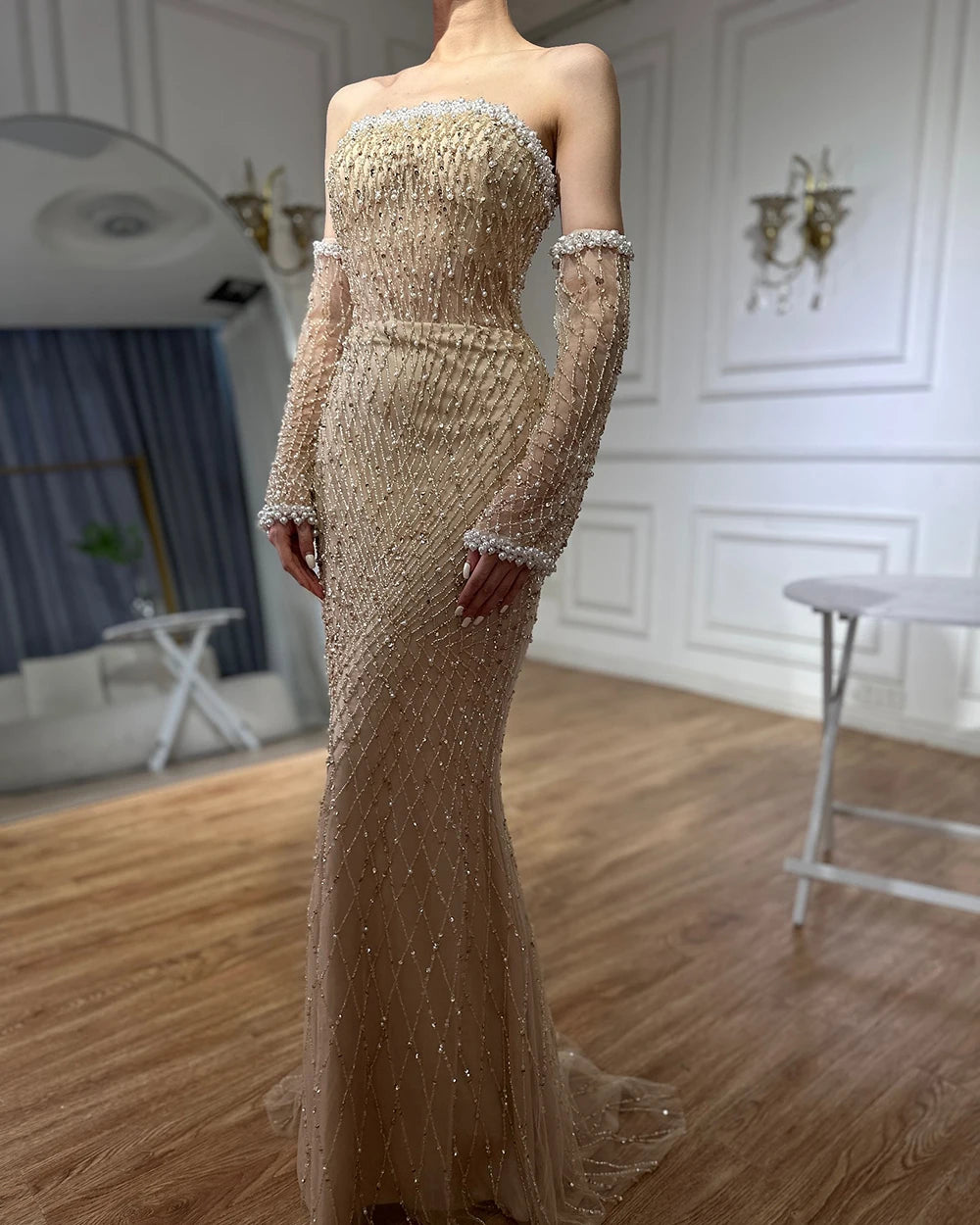Dubai Elegant White Nude Beaded Evening Dress with Gloves LA72649 - SERENE HILL