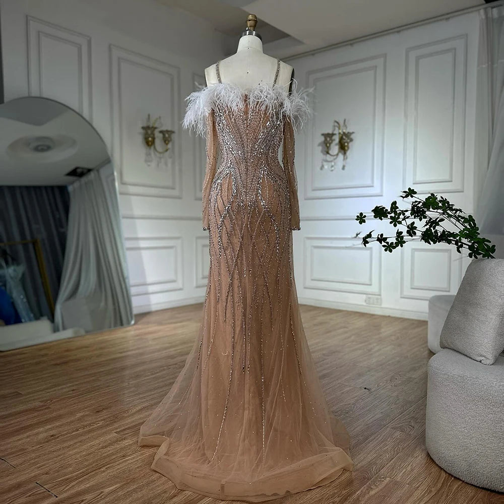 Luxury Dubai Blue Feather Beaded Luxury Mermaid Evening Dresses Gowns for Women Formal Occasion LA72836 - SERENE HILL