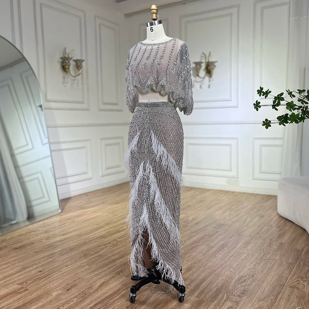 Luxury Dubai White Feathers Two Pieces Evening Dresses LA72098 - SERENE HILL
