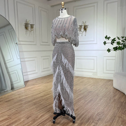 Luxury Dubai White Feathers Two Pieces Evening Dresses LA72098 - SERENE HILL