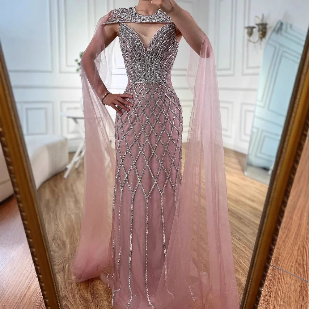 Luxury Nude Beaded Mermaid Evening Dress with Cape LA72814 - SERENE HILL
