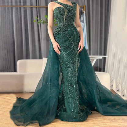 Luxury Dubai Nude Mermaid Green Evening Gown with Elegant One Shoulder Overskirt for Formal Occasion LA72031A - SERENE HILL
