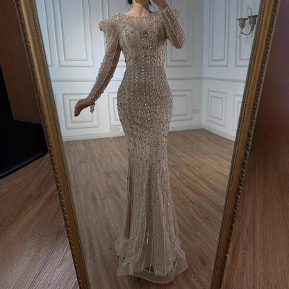 Luxury Dubai Pink Elegant Pearls Beaded Mermaid Evening Dress LA72826 - SERENE HILL