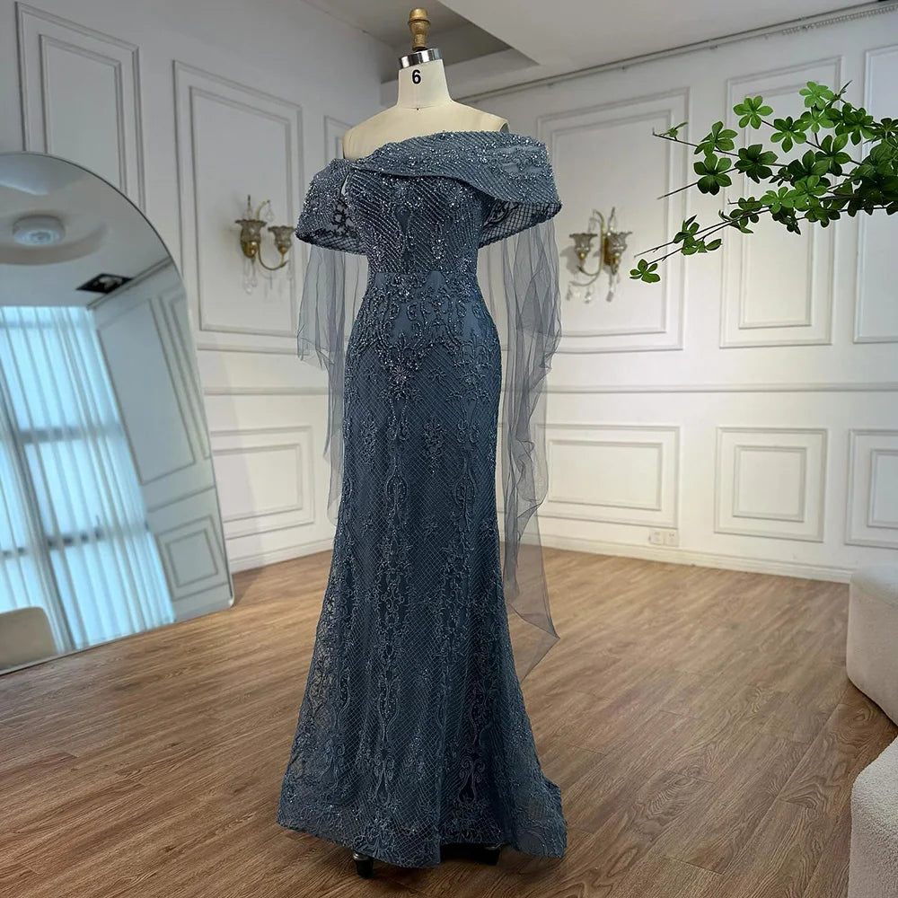 Luxury Blue Lace Off Shoulder Evening Dress for Women LA73125 - SERENE HILL
