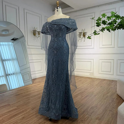 Luxury Blue Lace Off Shoulder Evening Dress for Women LA73125 - SERENE HILL
