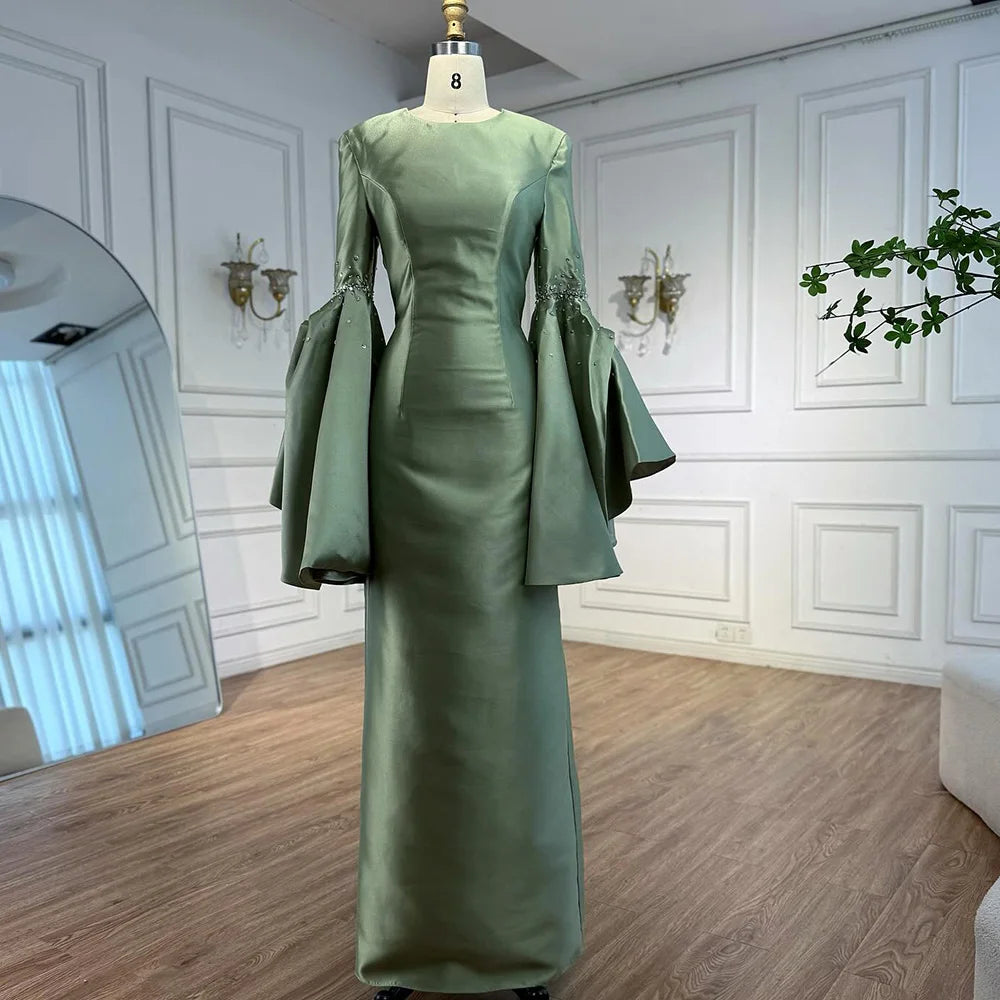 Luxury Sage Green Satin Evening Dress with Bell Sleeves 2025 LA73094 - SERENE HILL