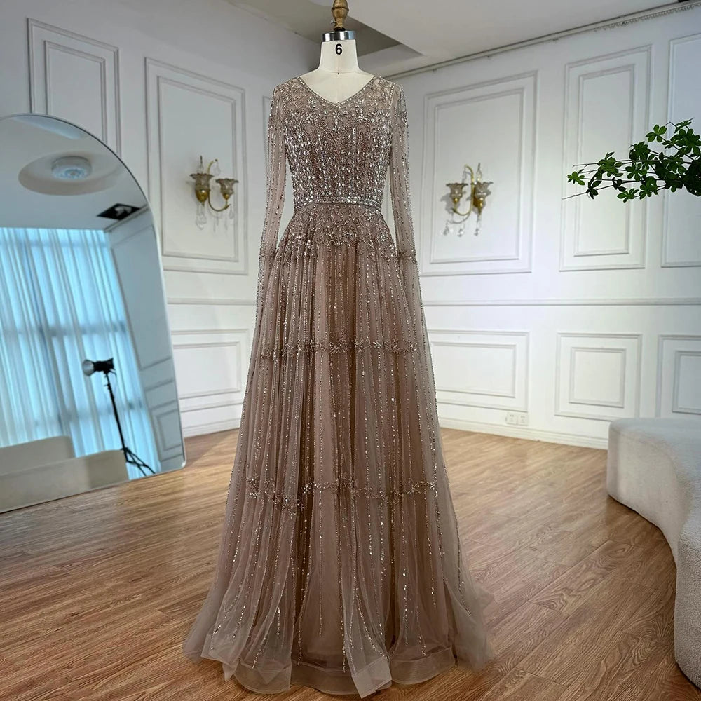 Elegant A-Line Beaded Evening Dress with Cape Sleeves LA73075 - SERENE HILL