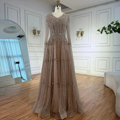Elegant A-Line Beaded Evening Dress with Cape Sleeves LA73075 - SERENE HILL