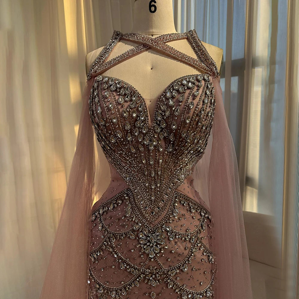 Luxury Nude Cape Sleeves Beaded Crystal Evening Dress LA72806 - SERENE HILL