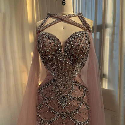 Luxury Nude Cape Sleeves Beaded Crystal Evening Dress LA72806 - SERENE HILL
