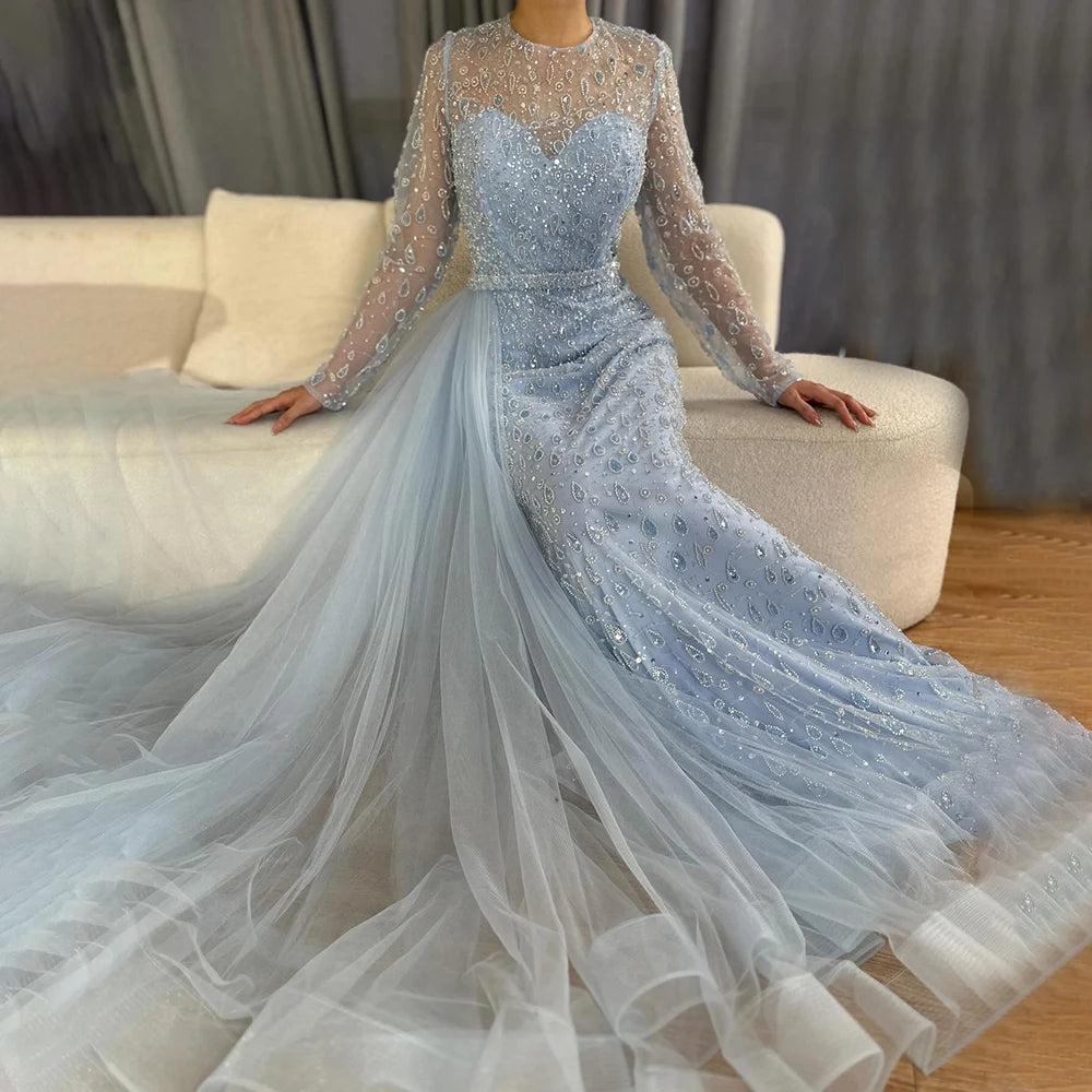 Luxury Dubai Elegant Blue Saudi Arabic Evening Gown with Beaded Side Overskirt Dress for Formal Occasion LA72734 - SERENE HILL
