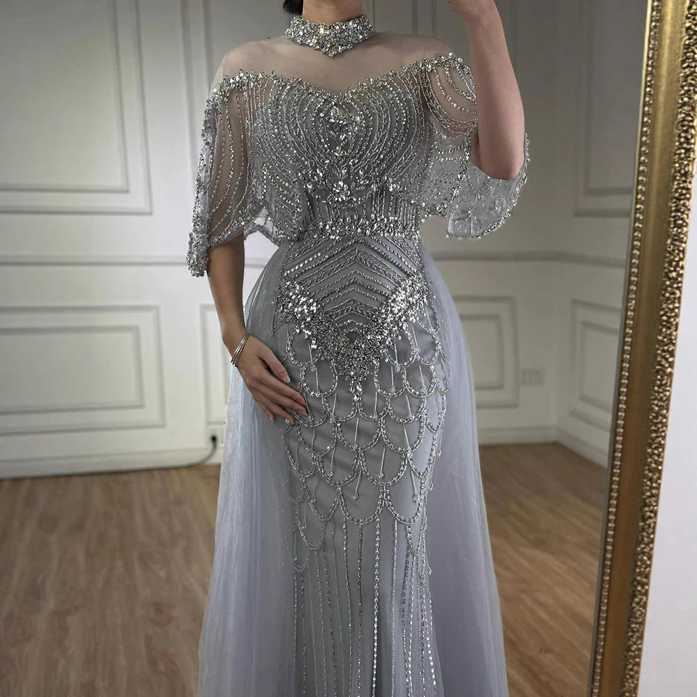Luxury Gray Beaded Evening Dress with Overskirt LA73129 - SERENE HILL