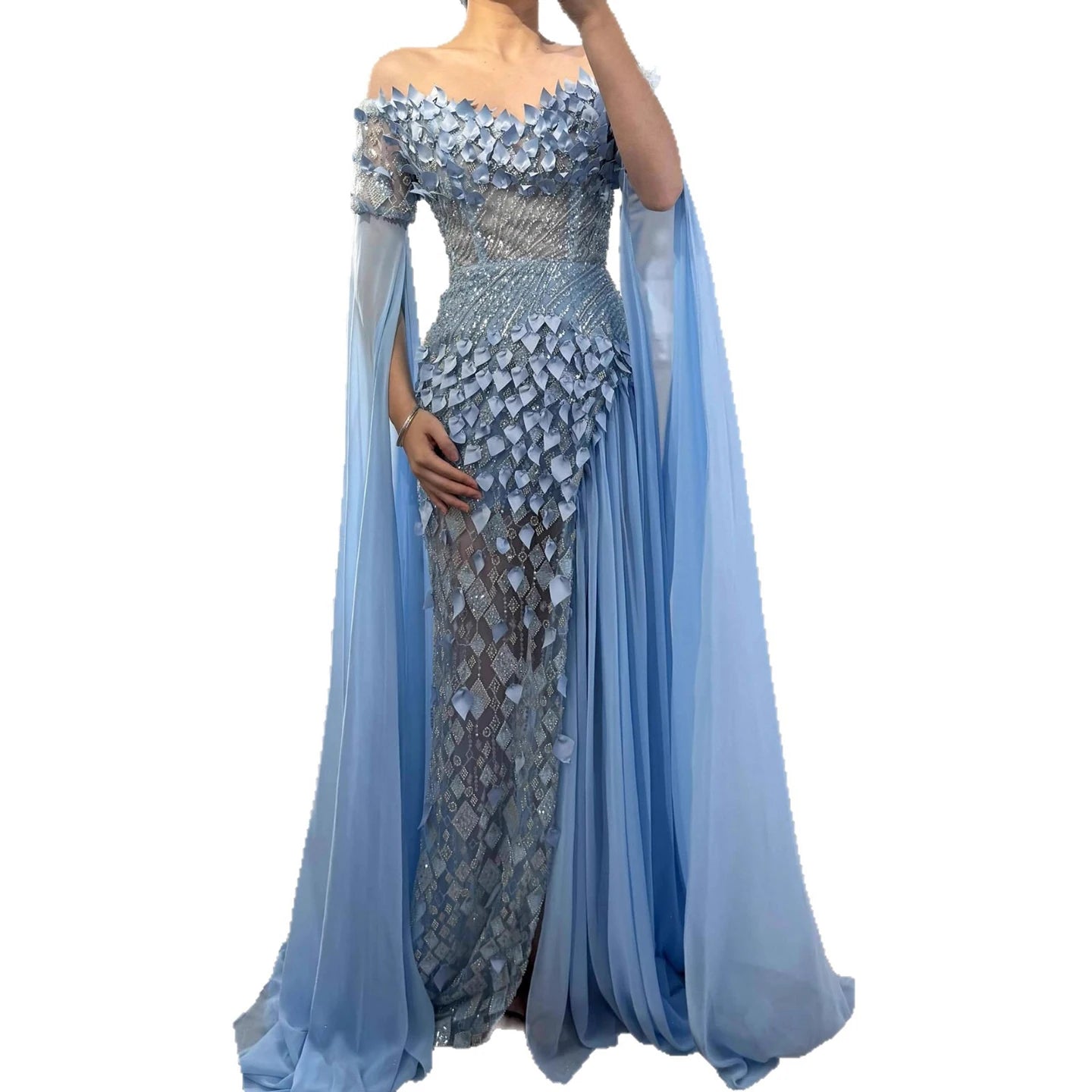 Luxury Dubai Blue 3D Flower Evening Dress With Cape LA73381 - SERENE HILL