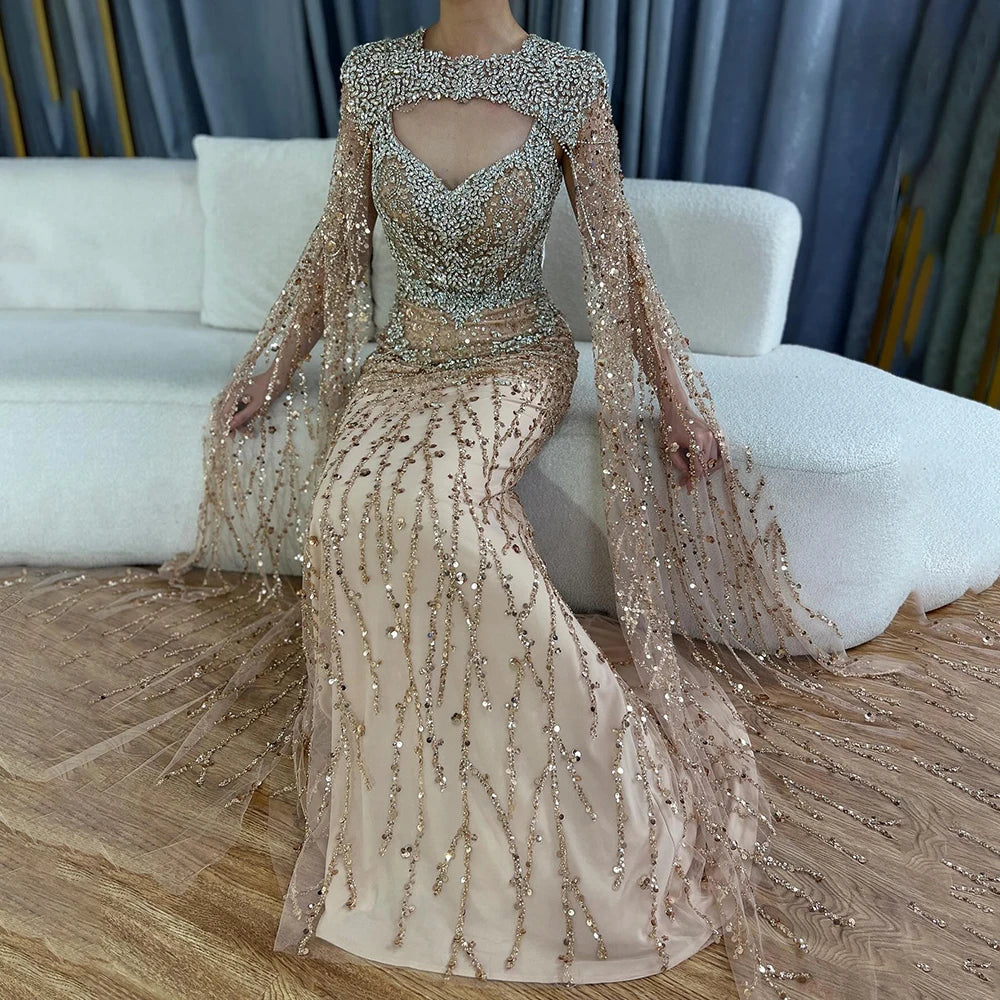 Nude Beaded Crystal Evening Dress with Detachable Cape Sleeves LA72539 SERENE HILL Nude Beaded Crystal Evening Dress with Detachable Cape Sleeves LA72539 SERENE HILL