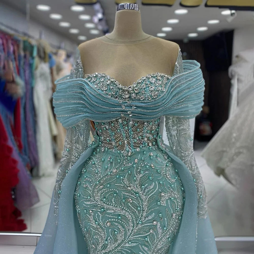Luxury Blue Designer Evening Dress with Long Sleeves Overskirt LA72841 - SERENE HILL
