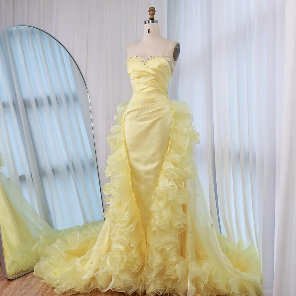 Luxury Dubai Evening Gown for Formal Occasion Elegant Yellow Dress with Ruffles and Beaded Details LA72889 - SERENE HILL