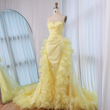 Luxury Dubai Evening Gown for Formal Occasion Elegant Yellow Dress with Ruffles and Beaded Details LA72889 - SERENE HILL