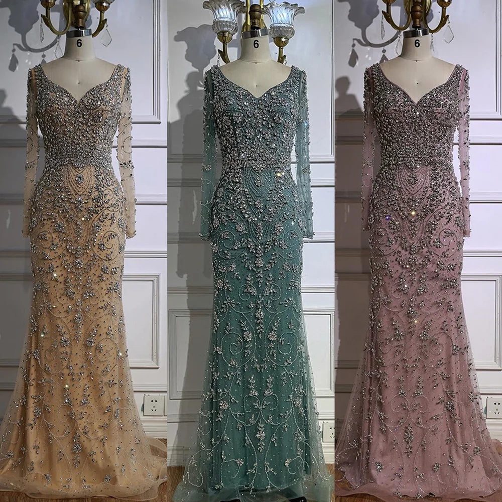 Luxury Nude Beaded Crystal Evening Dress with Long Sleeves LA73042 - SERENE HILL