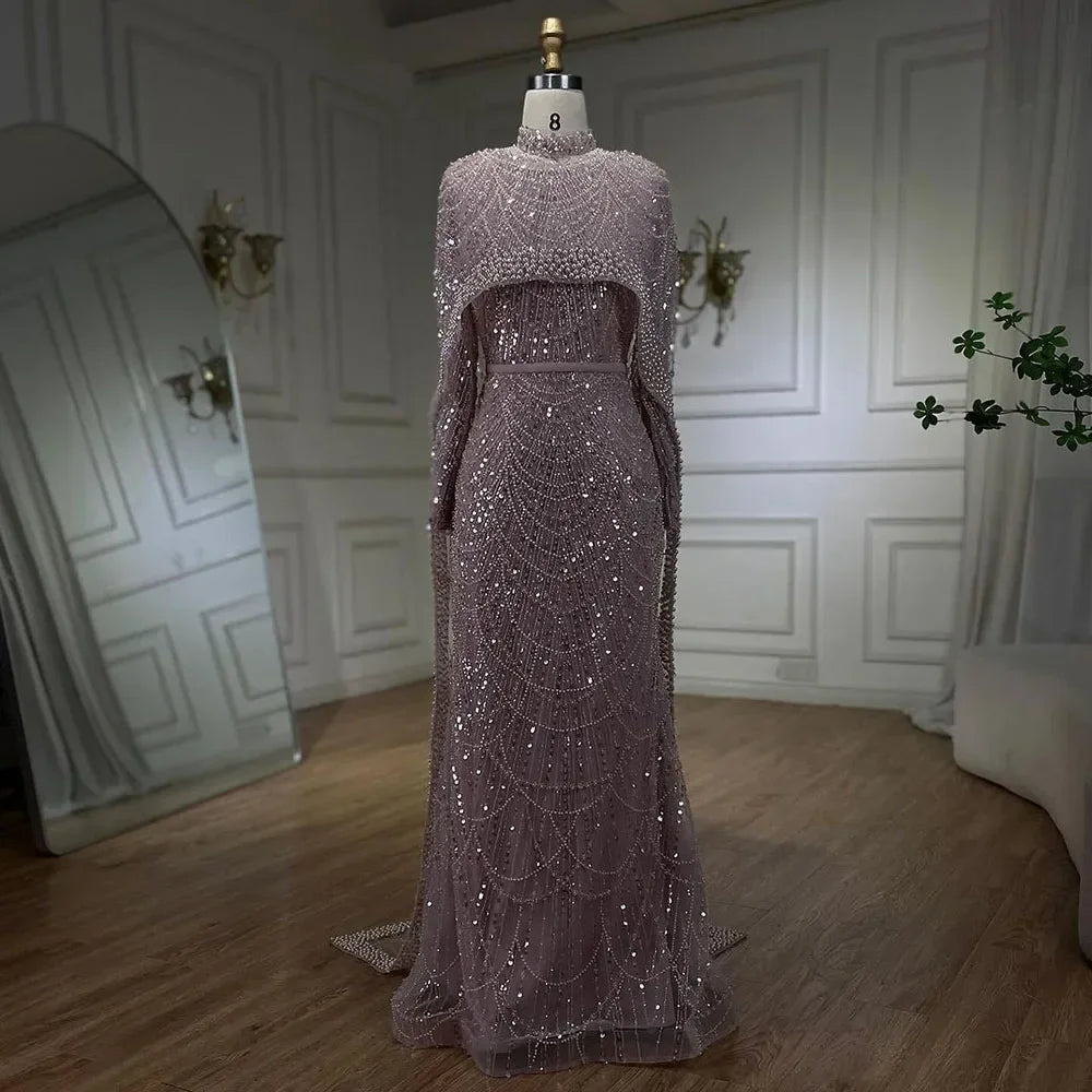 Luxury Nude Mermaid Evening Dress with Cape Dubai Arabic Style LA72032M - SERENE HILL