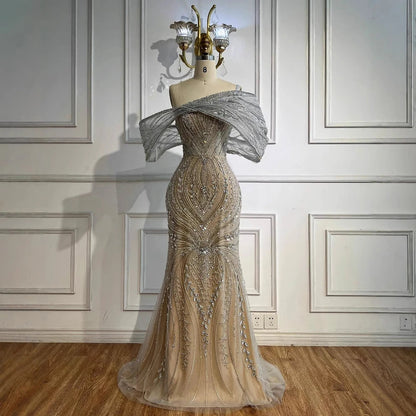 Luxury Silver Nude Off Shoulder Mermaid Evening Dress LA72878 - SERENE HILL