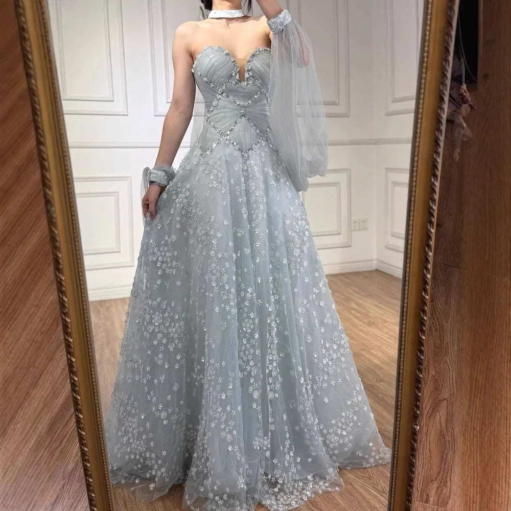 Luxury Dubai Arabic Light Blue Dreamy A-Line Evening Dress LA73099 - SERENE HILL