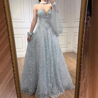 Luxury Dubai Arabic Light Blue Dreamy A-Line Evening Dress LA73099 - SERENE HILL
