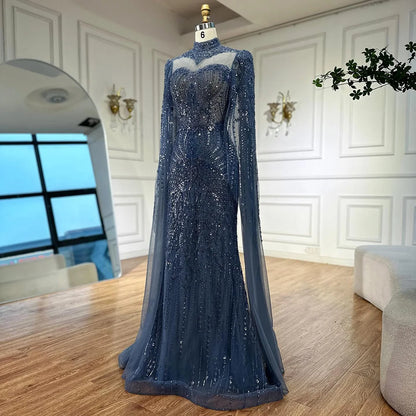 Luxury Modest Blue Mermaid Evening Dress with Cape LA73006 - SERENE HILL