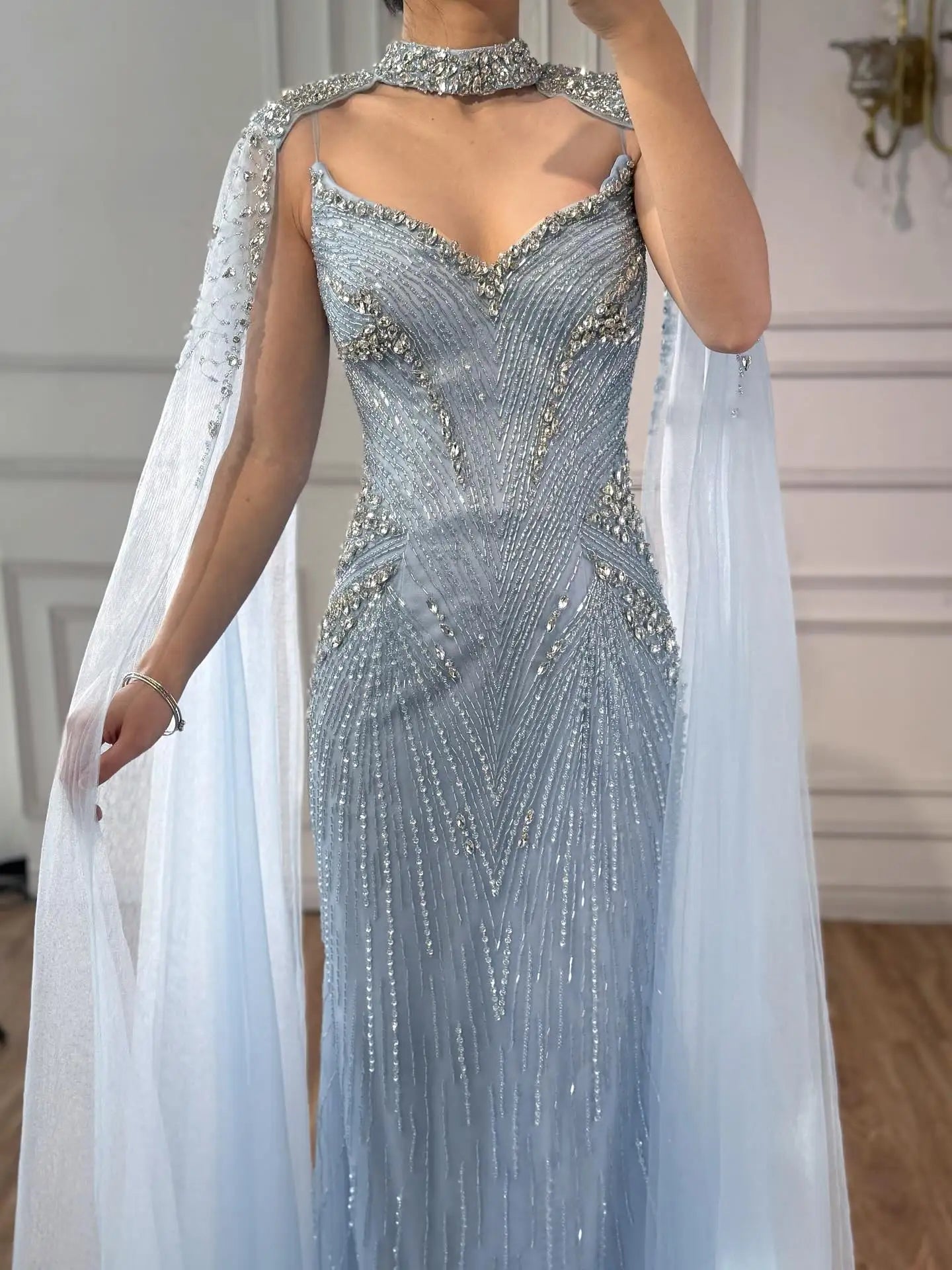 Luxury Arabic Nude Beaded Evening Dress with Cape Sleeves LA73173 - SERENE HILL