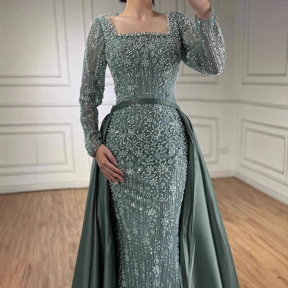 Luxury Dubai Arabic Muslim Caramel Mermaid Beaded Evening Gown with Overskirt LA72533A - SERENE HILL