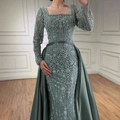 Luxury Dubai Arabic Muslim Caramel Mermaid Beaded Evening Gown with Overskirt LA72533A - SERENE HILL