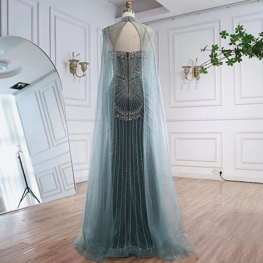 Luxury Turquoise Crystal Beaded Evening Dress with Cape LA73202 - SERENE HILL