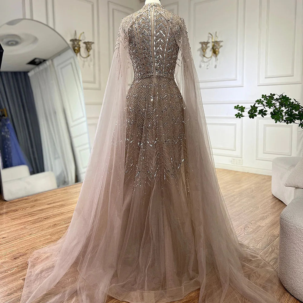 Serene Hill 2025 Blue Beaded Design A-Line Saudi Arabic Evening Dresses Gowns with Cape Sleeves for Formal Occasion LA72728 caramel / 10