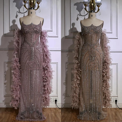 Luxury Caramel Beaded Evening Dress with Feather Sleeves LA73055 - SERENE HILL