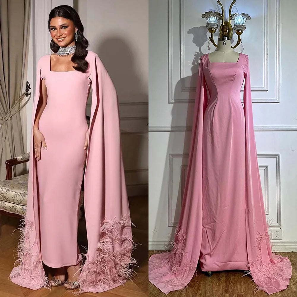 Luxury Arabic Pink Mermaid Evening Dress with Feather Cape LA72855 - SERENE HILL