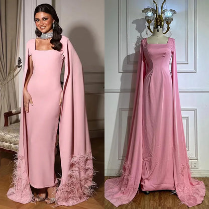 Luxury Arabic Pink Mermaid Evening Dress with Feather Cape LA72855 - SERENE HILL