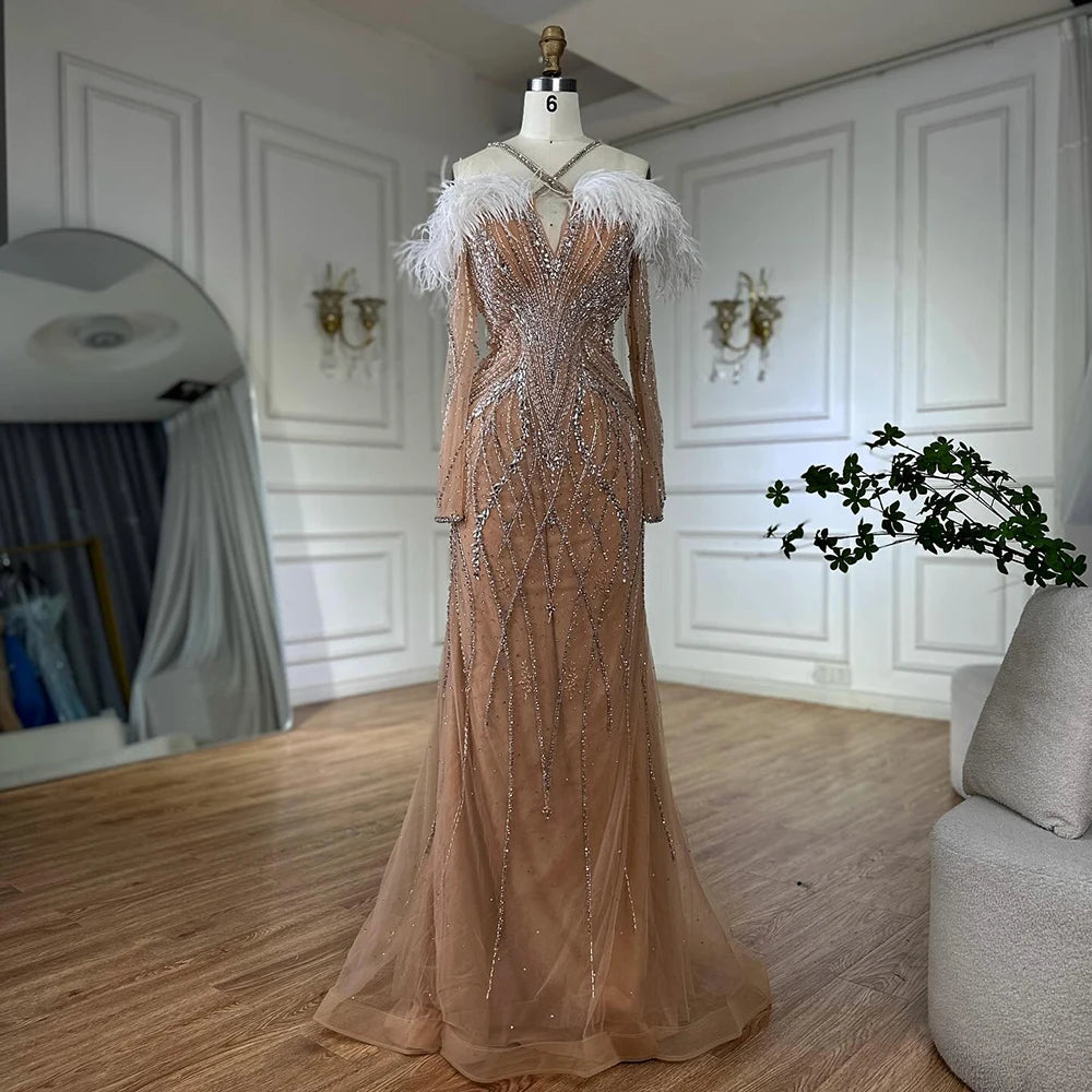 Luxury Dubai Blue Feather Beaded Luxury Mermaid Evening Dresses Gowns for Women Formal Occasion LA72836 - SERENE HILL