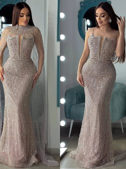 Luxury Evening Dress Nude Pearls Beaded Gown With Tulle Train LA72189A - SERENE HILL