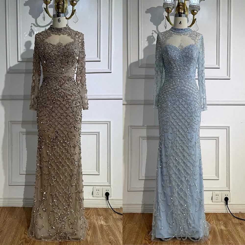 Caramel Beaded High Neck Mermaid Evening Dress Plus Size LA71747A - SERENE HILL