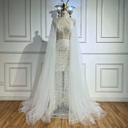 Luxury White Sequin Mermaid Evening Dress with Cape LA72996 - SERENE HILL