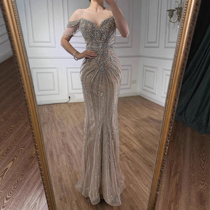 Luxury Pink Crystal Tassel Off Shoulder Evening Dress Dubai LA73204 - SERENE HILL