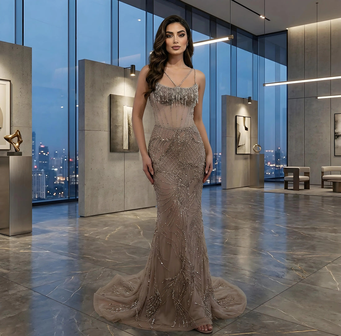 Luxury  nude Spaghetti Strap Beaded Mesh Evening Dress LA72927 - SERENE  HILL