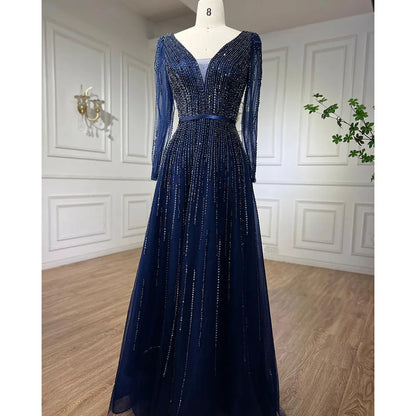 Muslim Navy Long Sleeves A-line Beaded Evening Dresses Forml Occasion Party Gowns For Women LA72019 - SERENE HILL