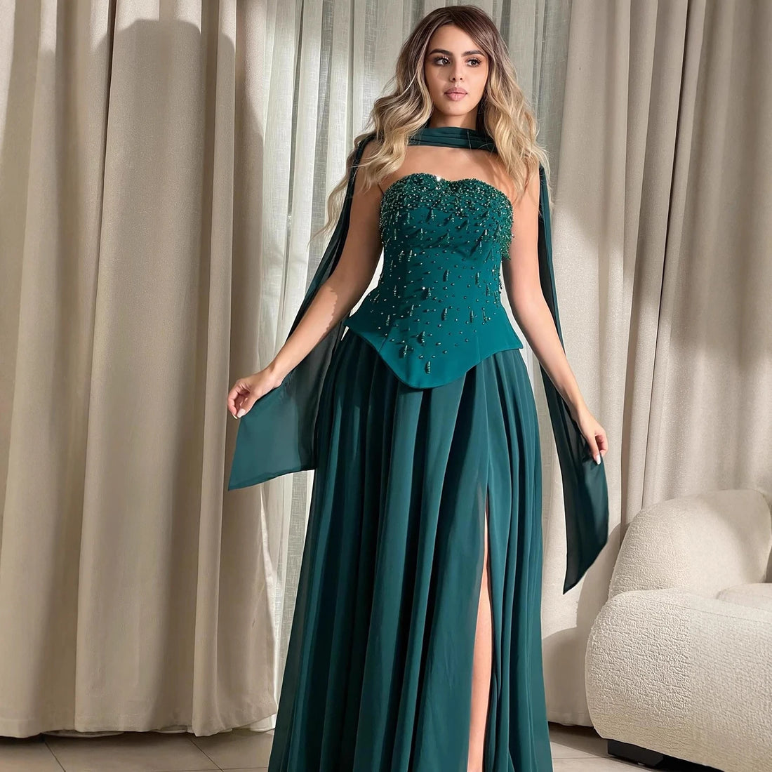 Luxury Green Beaded Corset Evening Dress with Cape LA73367 - SERENE HILL