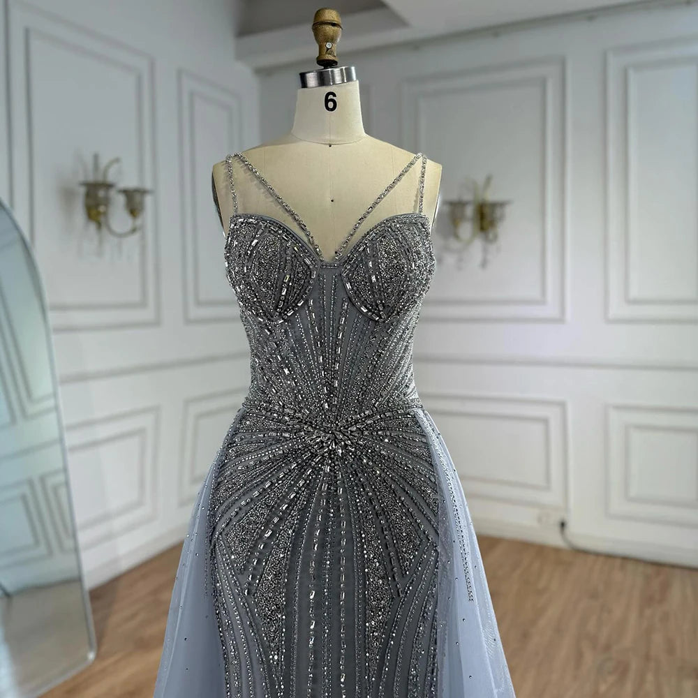 Luxury Nude Spaghetti Strap Mermaid Evening Dress with Overskirt Beaded LA73090 - SERENE HILL