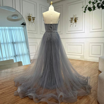 Pink Pearls Beaded Arabic Mermaid Evening Dress with Overskirt LA72811B - SERENE HILL