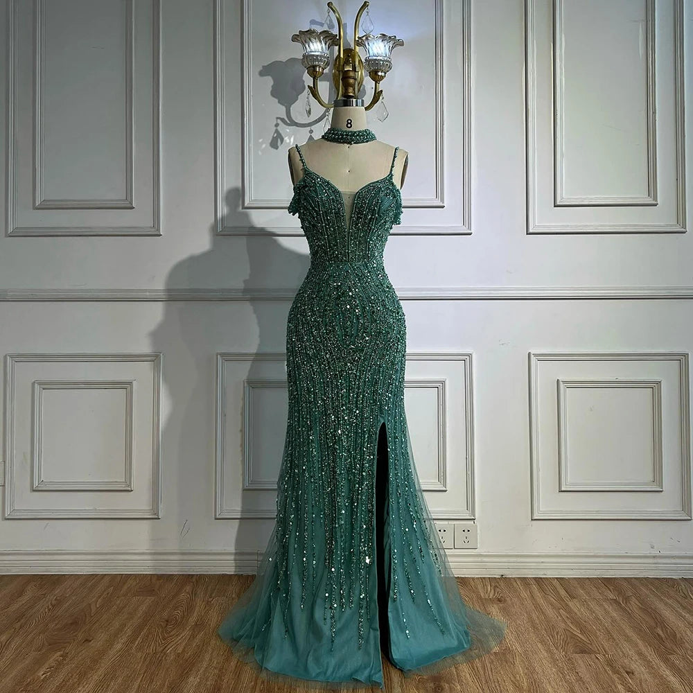 Luxury Silver Nude Beaded Evening Dress with Spaghetti Straps and High Slit LA72047C - SERENE HILL