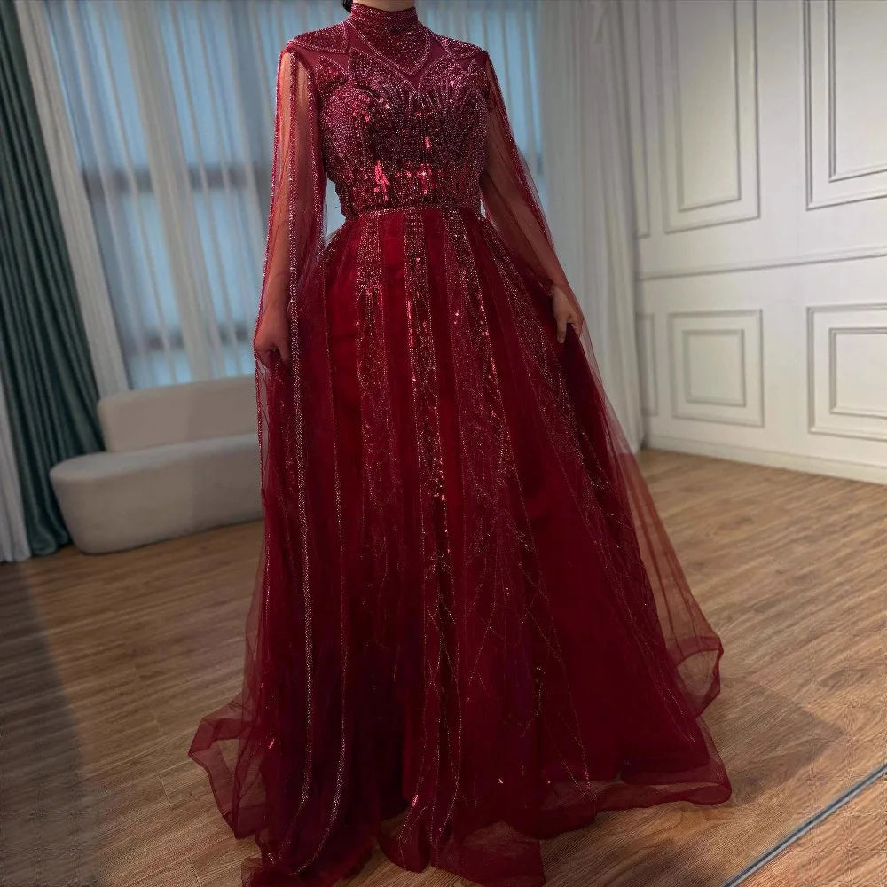 Luxury Brown Beaded Evening Gown with Cape Arabic Style LA72951 - SERENE HILL