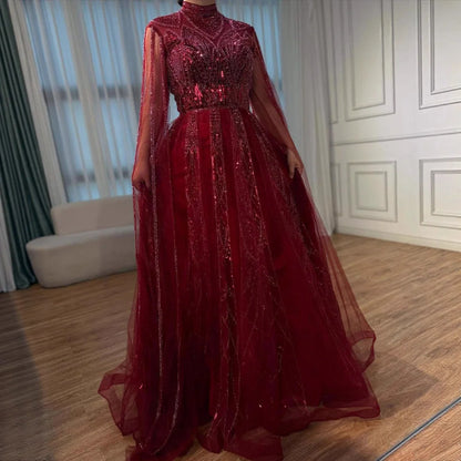 Luxury Brown Beaded Evening Gown with Cape Arabic Style LA72951 - SERENE HILL