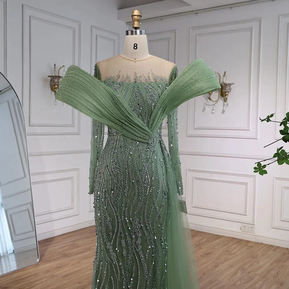 Elegant Sage Green Beaded Evening Dress with Flowing Hem LA72928 - SERENE HILL